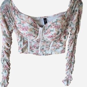 Windsor Floral Sheer Sleeve Corset Style Crop Top - Pink and Cream